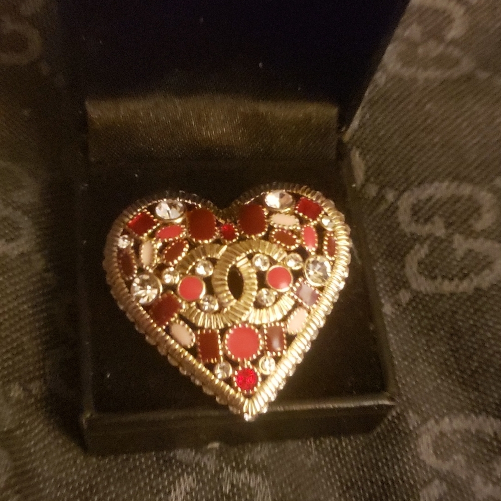 CHANEL Red and Gold Heart Brooch